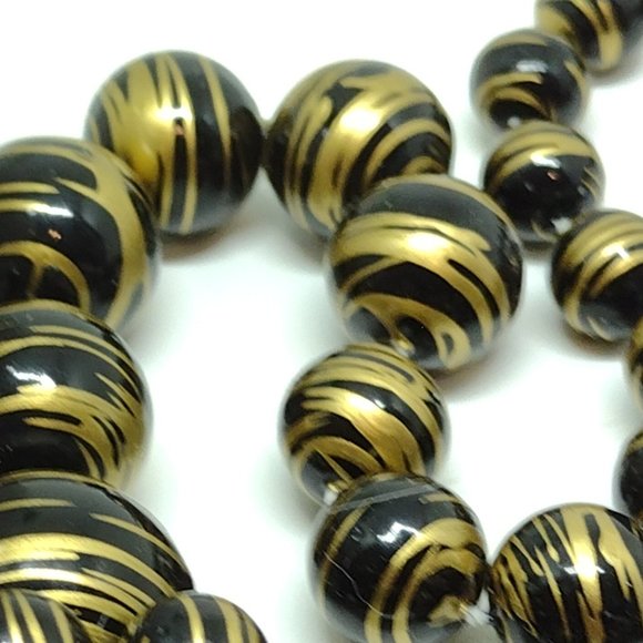 Black and Antique Gold Pearl Like Bead Necklace Knotted and Graduated - Picture 3 of 5